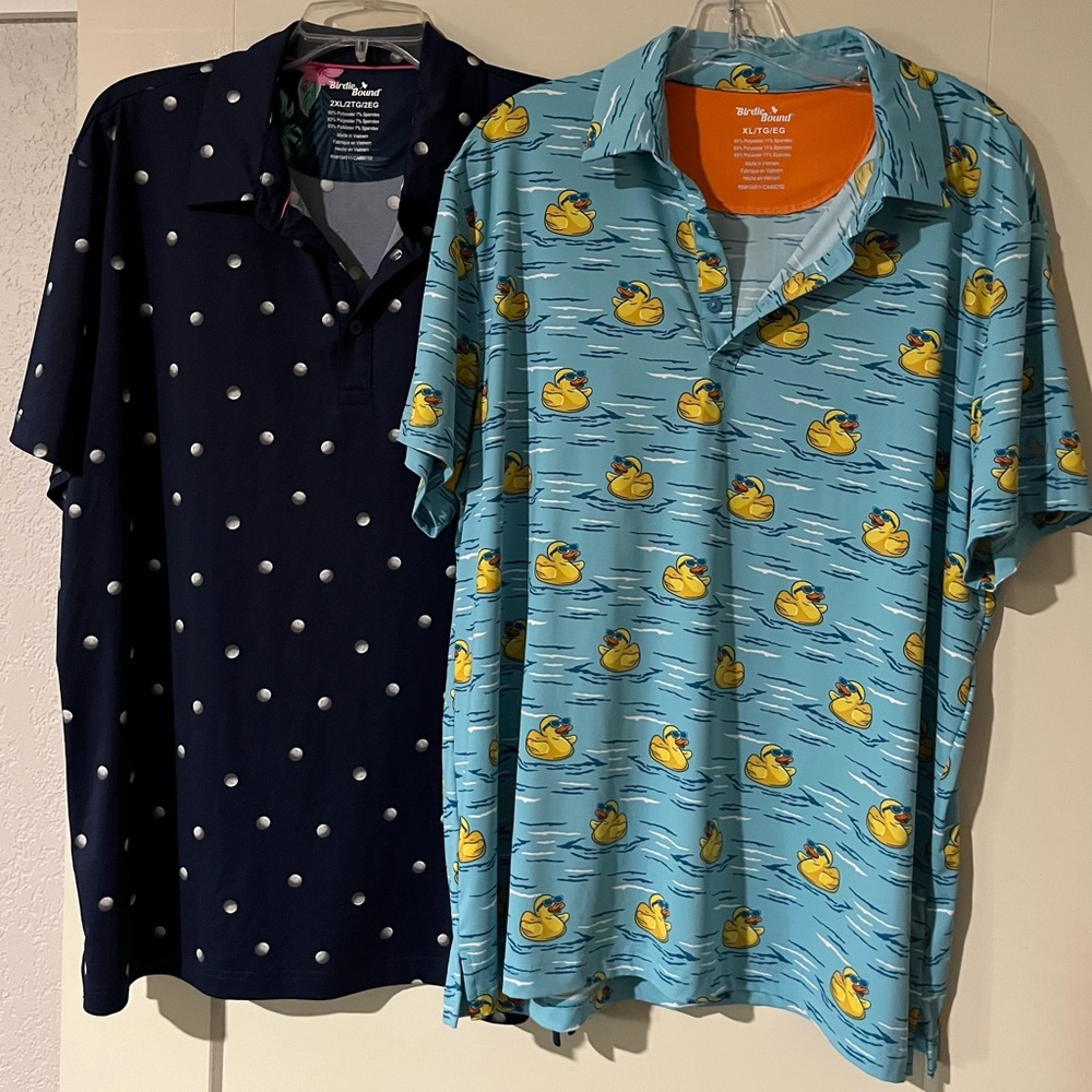 Birdie Bound Lot of 2 Men's Navy Polka Dot & Aqua Duck Print Polos Golf Lg & XL